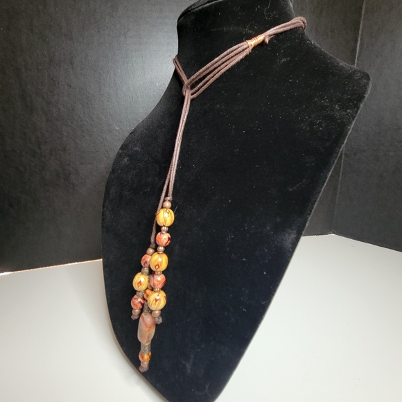 Carnelian & Painted Wood 3 Strand Y Necklace Clasp-Free Handmade Sacral Chakra - Picture 4 of 16